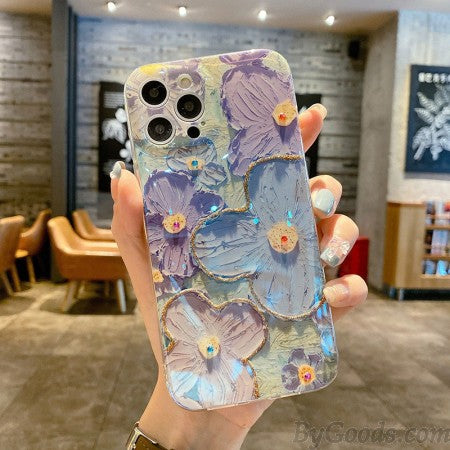 Classy  Colorful Flowers Floral Painting Case With Built-in Glitter Lens Protector